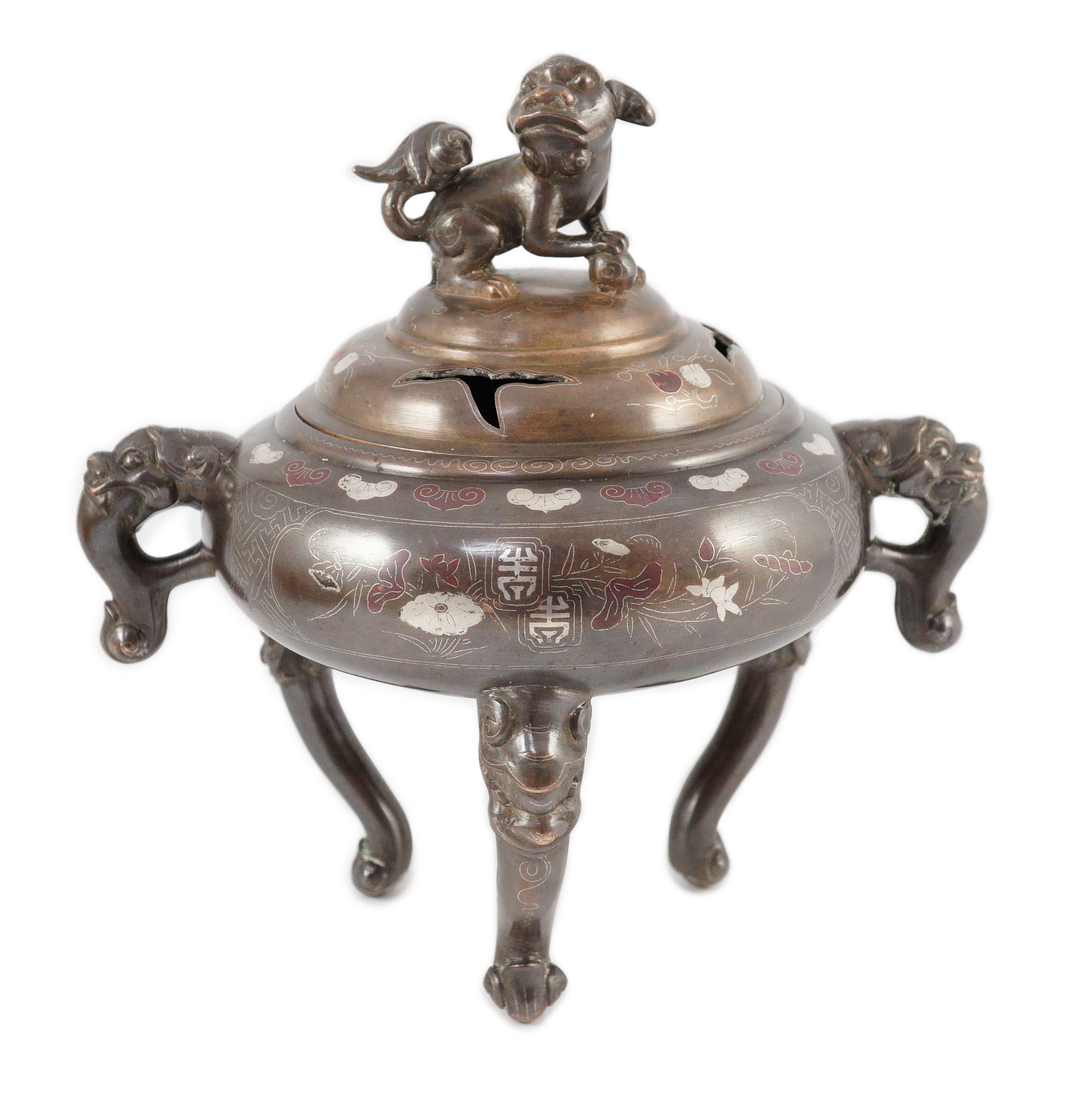 A Vietnamese silver inlaid bronze tripod censer and cover, 19th century, 24cm high, 24cm wide